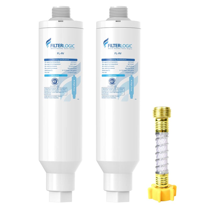 Filterlogic RV Inline Water Filter, NSF Certified, Reduces Chlorine, Bad Taste&Odor, Dedicated for RVs, 2 Pack Drinking Filter with 1 Flexible Hose Protector - Image 1